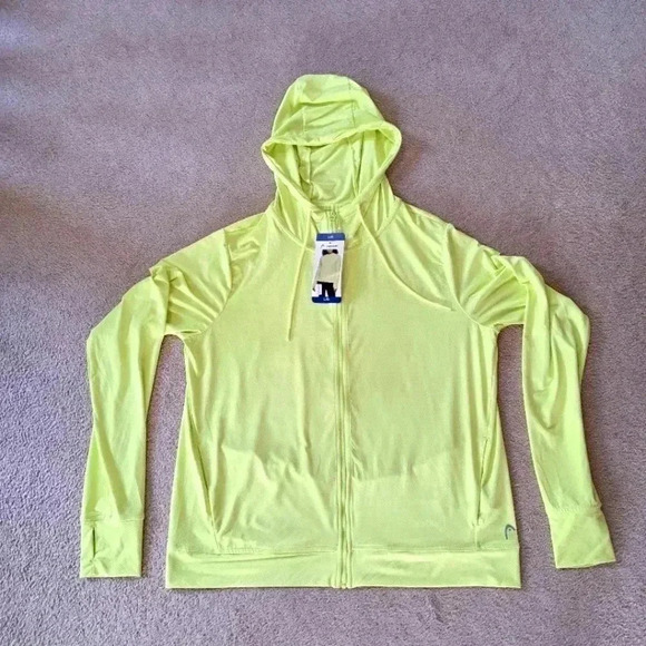 ❤️ Head Hoodie Cool Down Lightweight Large Bright Yellow Stretch Zip Active Top - Picture 15 of 15